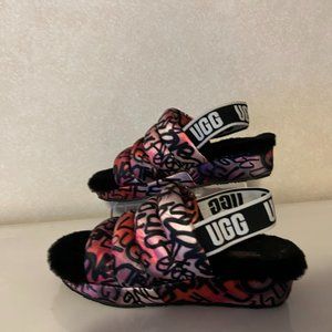 UGG Puff Yeah Motlee Graffiti Sz 6  Multi-Color Open Toe Sling Back Slippers